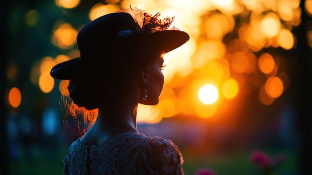 Woman sunset park silhouette dress hat photo