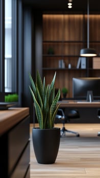 Modern office plant, sleek interior, bookshelves, window view, workspace design photo