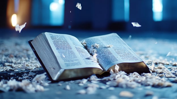 Open book with scattered pages on textured surface photo
