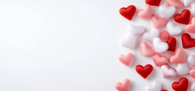 Heart decorations in red pink and white on white background photo