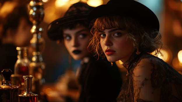 Retro Women Bar Night Club Vintage Fashion Dark Lighting photo
