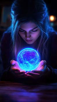 Woman gazing at glowing orb, night scene, mystical fantasy, album cover photo