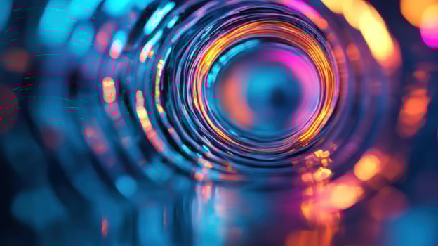 Abstract swirling neon light circles, bokeh background, digital art, website header photo