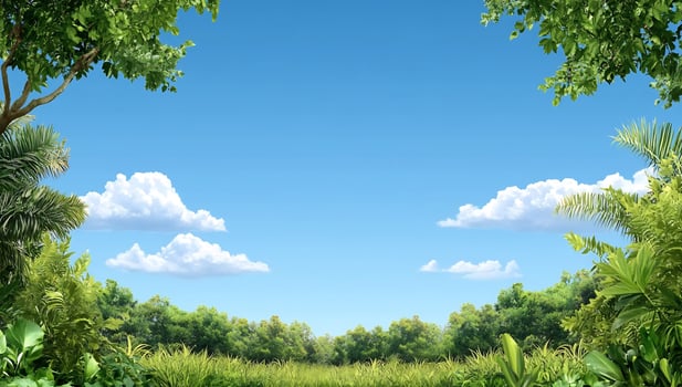 Scenic landscape with blue sky green trees and lush foliage background photo