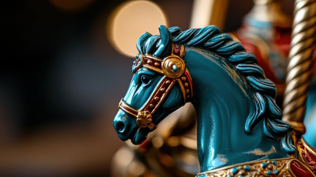 Teal carousel horse closeup, amusement park blur photo