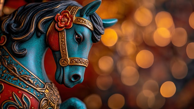 Teal carousel horse, festive lights, amusement park, winter photo