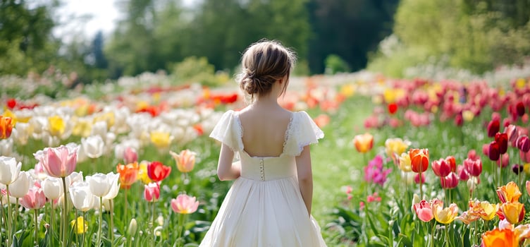 Girl in flower field back view colorful tulips garden outdoor photo