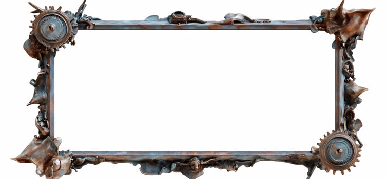 Elaborate steampunk style frame border composed of metal gears and mechanical elements on a white background photo