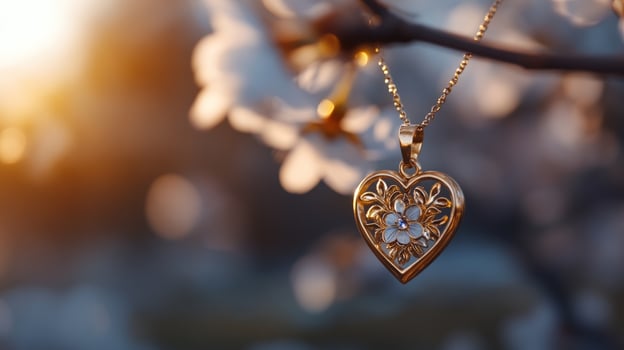Golden heart pendant, spring blossoms, sunset, jewelry ad photo