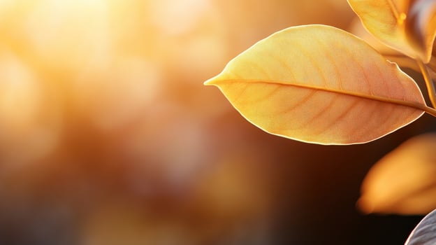 Golden autumn leaves backlit by sunset, nature bokeh background, seasonal design photo