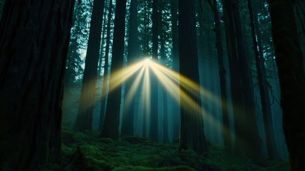 Sunbeams pierce misty redwood forest, creating magical atmosphere, ideal for fantasy or nature documentaries photo