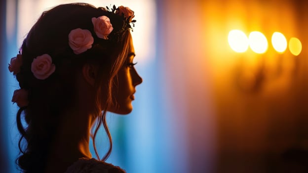 Woman floral crown profile, indoor, warm lights, wedding photo