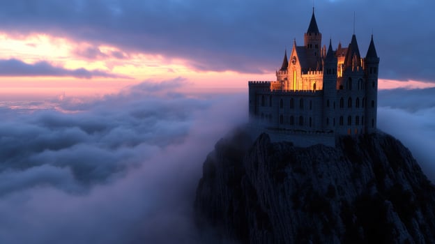 Majestic castle sunset mountaintop cloudscape fantasy photo
