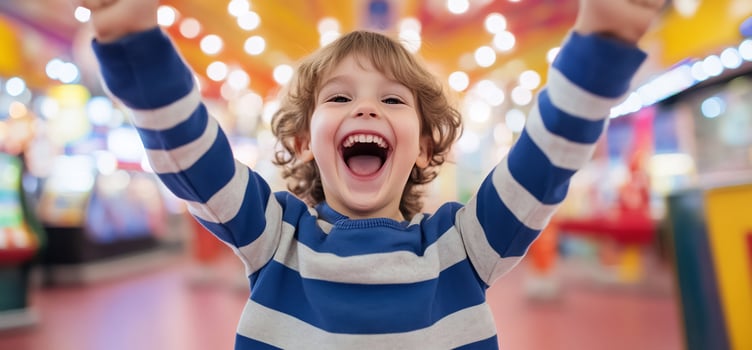 Excited child celebrates success with arms raised indoor portrait photo