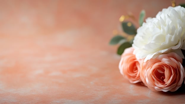 Peach roses, white flowers, coral background, wedding invitation photo