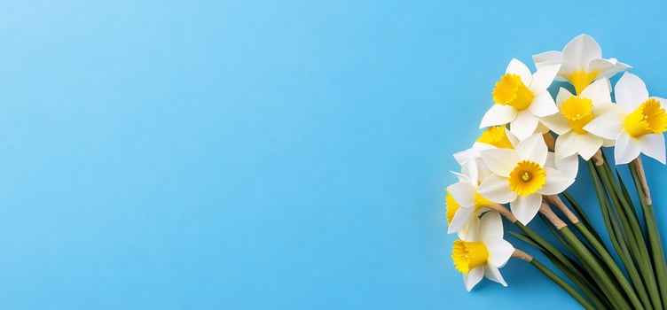 Daffodil floral arrangement on blue background with copy space spring concept photo