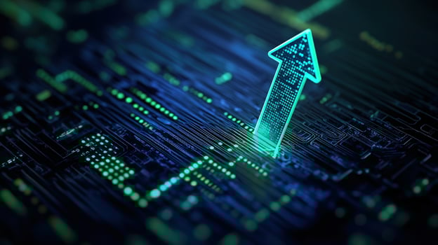 Upward digital arrow on circuit board, growth, tech background photo