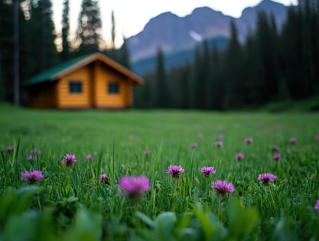 Mountain cabin meadow wildflowers sunset photo