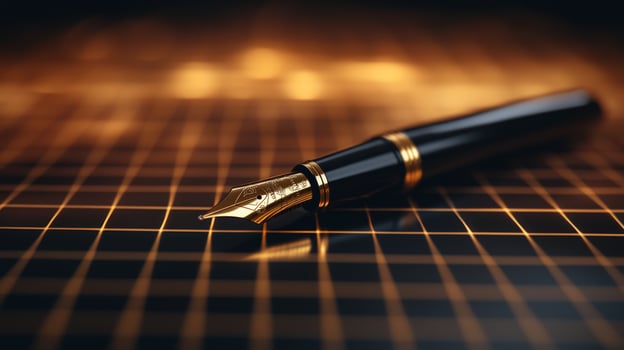 Goldaccented pen on grid, bokeh background photo