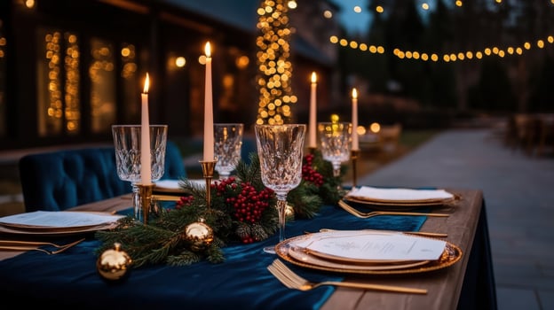 Festive outdoor dinner table setting, elegant Christmas decor, luxury home background photo