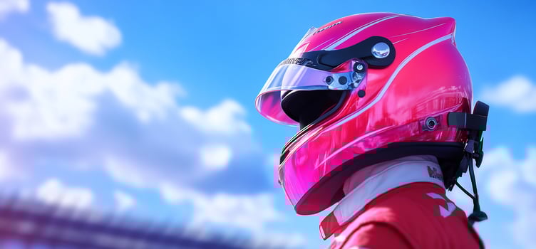 Race car driver pink helmet against blue sky motorsport safety photo
