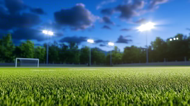 Green grass field under bright lights for sport training and outdoor recreation photo