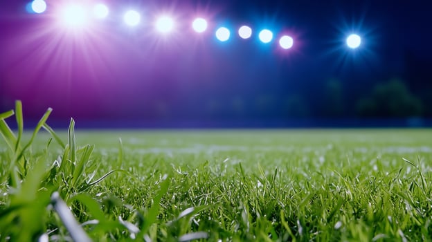 Green grass field under stadium lights at night ground level close up photo