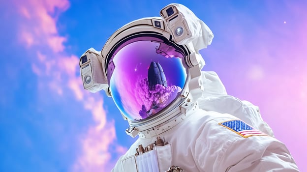 Astronaut in space suit reflecting rocket launch exploration and future technology photo