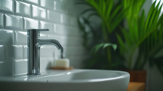 Chrome faucet running water, bathroom sink, plant, tiles photo