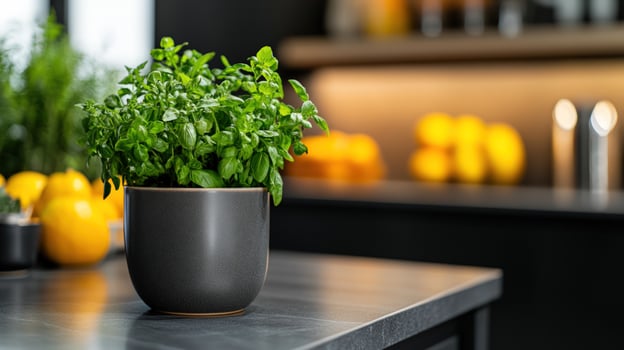 Kitchen basil plant, dark countertop, modern background, food prep photo