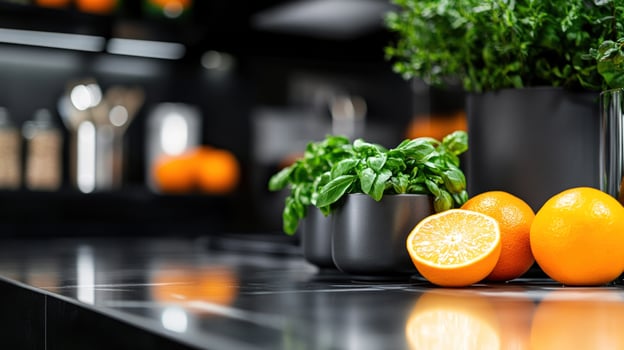 Modern kitchen countertop, oranges, herbs, recipe prep photo