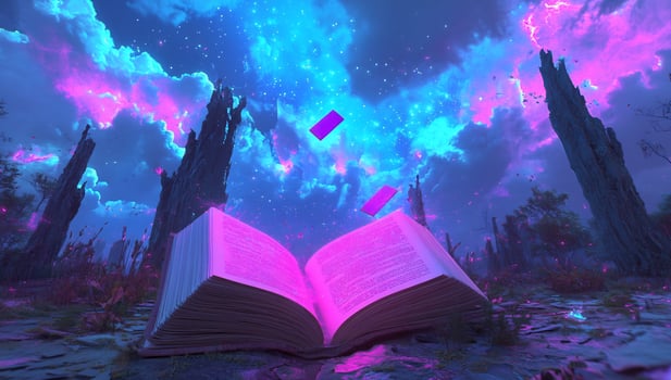 Open book of knowledge with surreal sky background photo