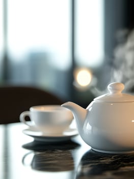 Steaming teapot, cup, modern office, city view, tea break photo