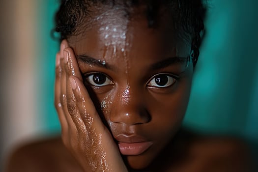 Girl rinsing face, water droplets, teal background, bath, hygiene photo