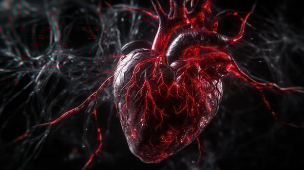 Glowing Red Heart, Vessels, Dark Background, Medical Illustration photo
