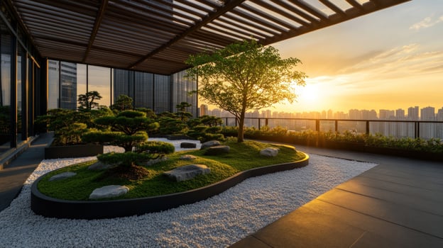 Rooftop garden sunset cityscape serenity photo