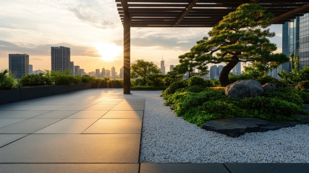 Rooftop garden sunset cityscape tranquility design photo