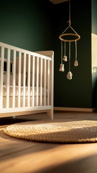Nursery room, crib, mobile, sunlight, rug, calm, interior design, baby photo