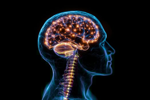 Illuminated brain, neural activity, profile view, dark background, medical illustration photo