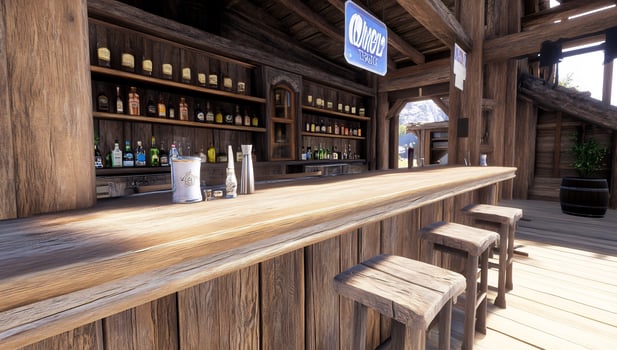 Rustic western style bar interior with wooden counter stools and shelves photo