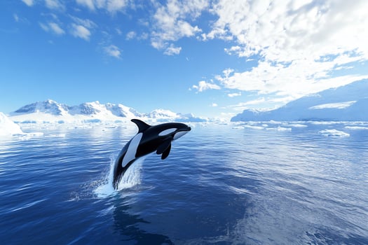 Killer whale breaching ocean surface with snowy mountain backdrop wildlife marine animal photo