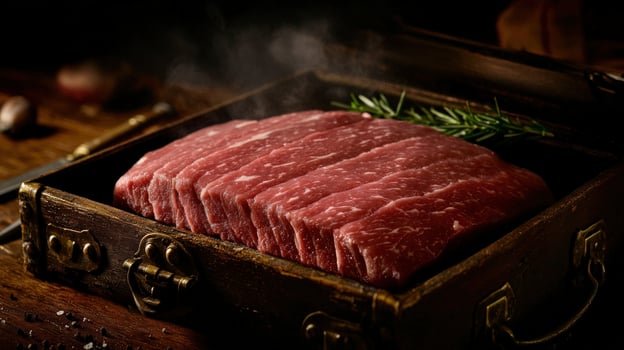 Steaming steaks in wooden box, rustic kitchen photo