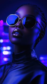 Woman, sunglasses, city, night, portrait, fashion, blue, lights, glamour, magazine photo