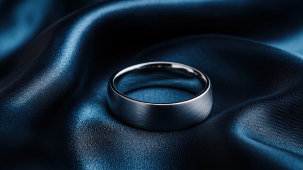 Brushed silver ring on blue silk, jewelry advert photo