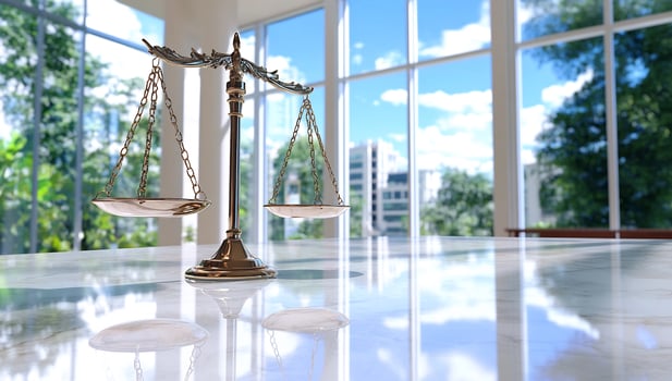 Scales of justice symbolizing law and balance in a bright office setting photo