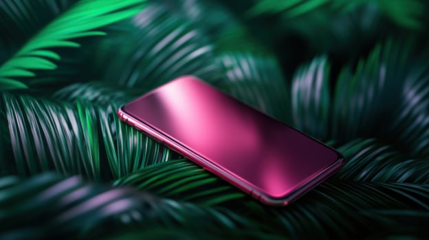 Pink phone rests on tropical leaves vibrant background tech ad photo