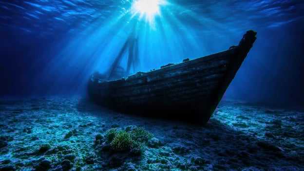 Sunlit ocean shipwreck resting on seabed photo