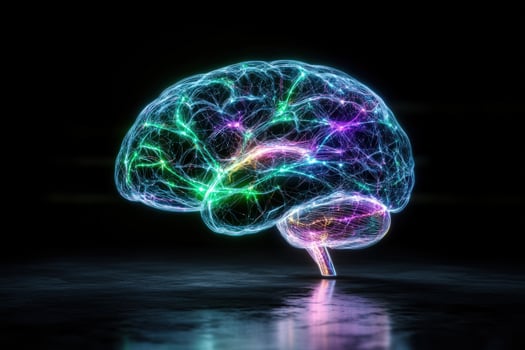 Glowing brain neural network, dark background, science concept photo