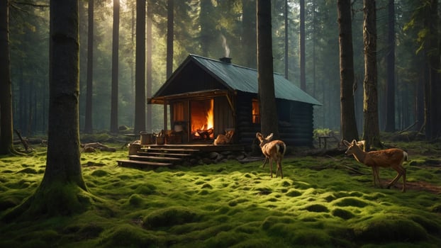 Cozy cabin in a lush forest with deer grazing nearby, warm fire glowing inside, tranquil atmosphere photo