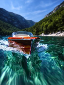 Classic wooden boat speeds on crystalclear lake, mountains backdrop photo